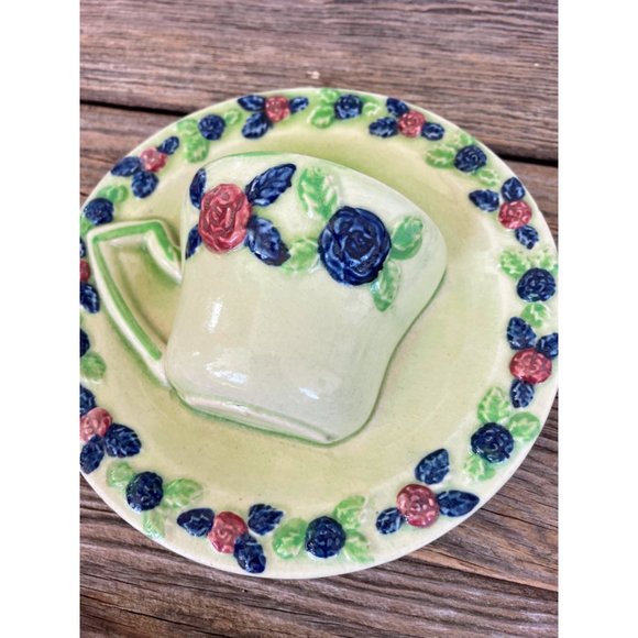 Vintage 1940s Pair Green Teacup Wall Pocket Vases Floral - Picture 5 of 12